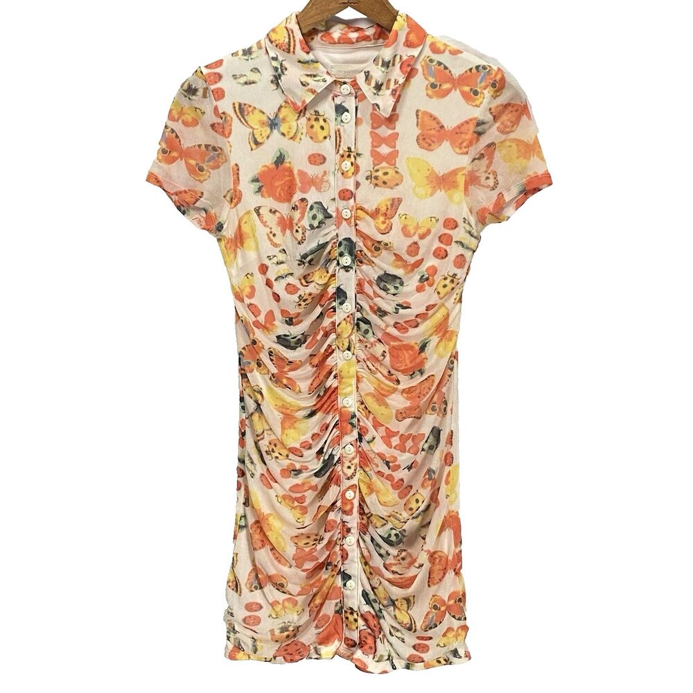 Urban Outfitters Butterfly Ladybug Ruched Mini Dress Womens S Riko Mesh Orange